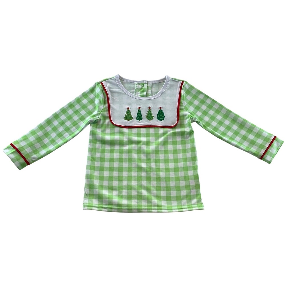 Abby & Evie Christmas Top Kids 3T Green Gingham Embroidered Tree Holiday